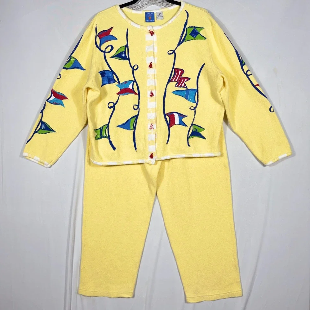 Vtg ONQUE Nautical Lounge Set Cardigan M & Pants L Yellow Cotton Coastal 90s Y2K